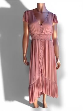 NWT Mauve Dress Smocked Waist Dusty Pink Mauve Midi hi-lo ruffled hem lined S M